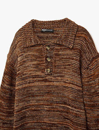 Uzun Kollu Polo Yaka Düğme Detaylı Triko Kazak