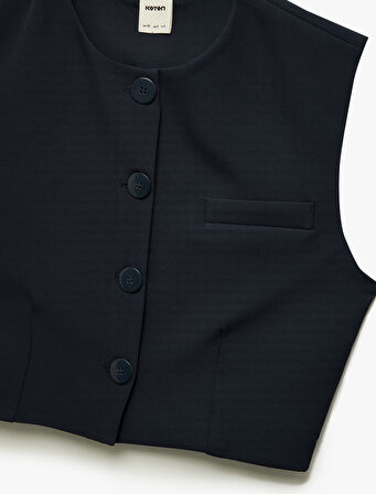 Düğmeli Bisiklet Yaka Crop Yelek