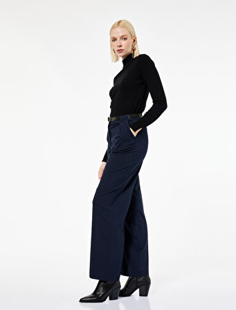 Viskon Karışımlı Yüksek Bel Kemerli Geniş Paça Kumaş Pantolon