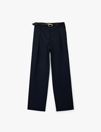 Viskon Karışımlı Yüksek Bel Kemerli Geniş Paça Kumaş Pantolon