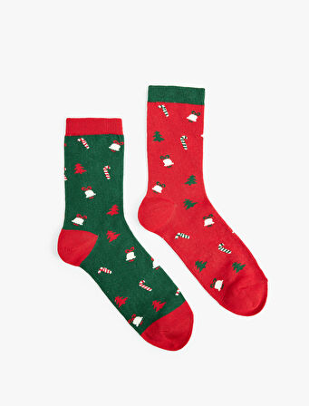 Pamuklu Yılbaşı Temalı Çok Renkli Kalın 2'li Soket Çorap Seti