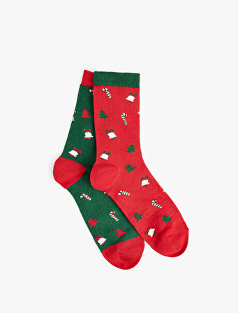 Pamuklu Yılbaşı Temalı Çok Renkli Kalın 2'li Soket Çorap Seti