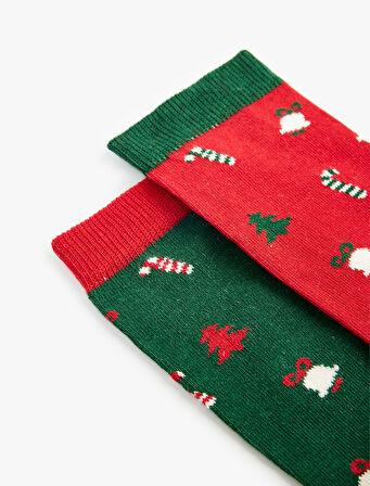 Pamuklu Yılbaşı Temalı Çok Renkli Kalın 2'li Soket Çorap Seti