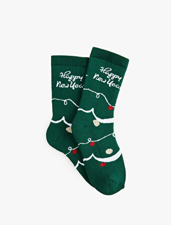 Pamuklu Yılbaşı Baskılı Havlu Soket Çorap