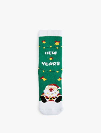 Yılbaşı Temalı Renk Kontrastlı Pamuklu Havlu Soket Çorap