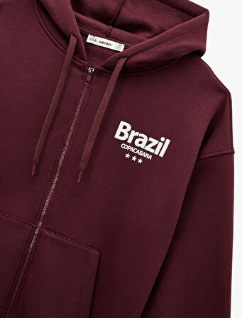 Şardonlu Uzun Kollu Cepli Fermuarlı Arkası Baskılı Kapüşonlu Sweatshirt