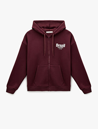 Şardonlu Uzun Kollu Cepli Fermuarlı Arkası Baskılı Kapüşonlu Sweatshirt