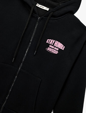 Arkası Baskılı Uzun Kollu Fermuarlı Kapüşonlu Şardonlu Oversize Sweatshirt