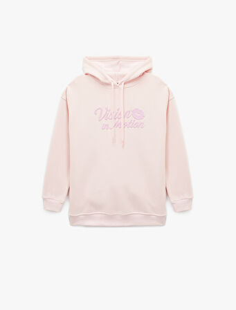 Uzun Kollu Kapüşonlu Baskılı Oversize Sweatshirt