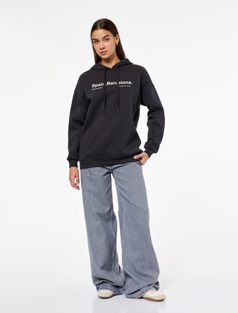 Uzun Kollu Kapüşonlu Arkası Baskılı Oversize Sweatshirt