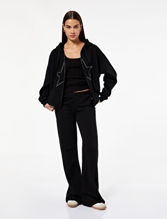 Pamuklu Beli Lastikli Yıldız İşlemeli Geniş Paça Eşofman Altı