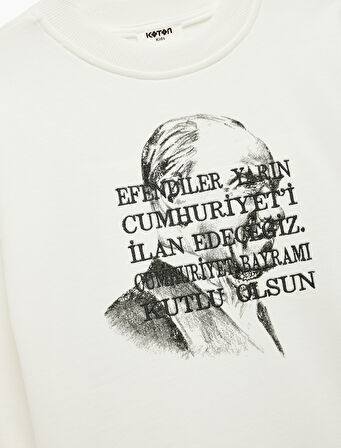 Pamuklu Atatürk Baskılı Bisiklet Yaka Uzun Kollu Sweatshirt