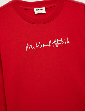 Atatürk Nakışlı Pamuklu Uzun Kollu Bisiklet Yaka Tişört