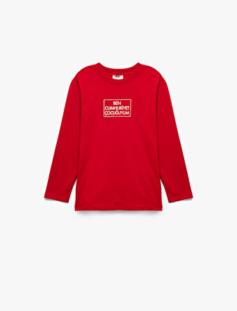 Pamuklu Uzun Kollu Bisiklet Yaka Cumhuriyet Baskılı Tişört