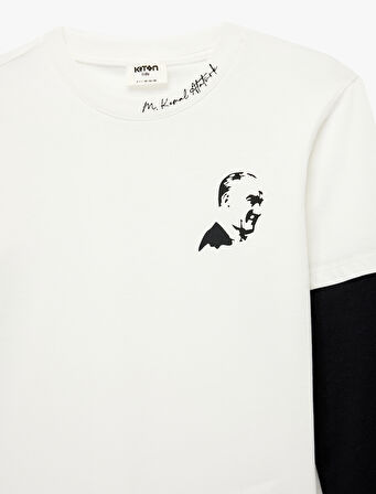 Atatürk Baskılı Uzun Kollu Bisiklet Yaka Pamuklu Tişört