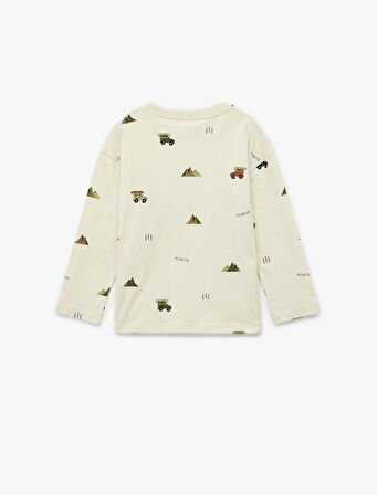 Baskılı Uzun Kollu Bisiklet Yaka Pamuklu Tişört