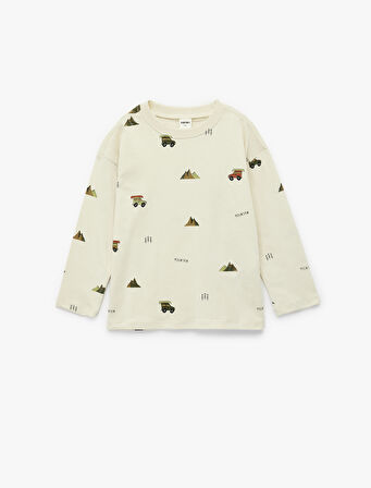 Baskılı Uzun Kollu Bisiklet Yaka Pamuklu Tişört