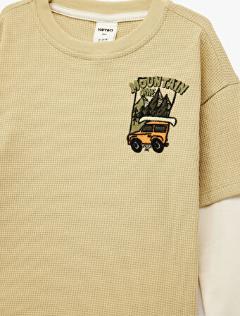 Nakış Detaylı Uzun Kollu Bisiklet Yaka Pamuklu Oversize Tişört