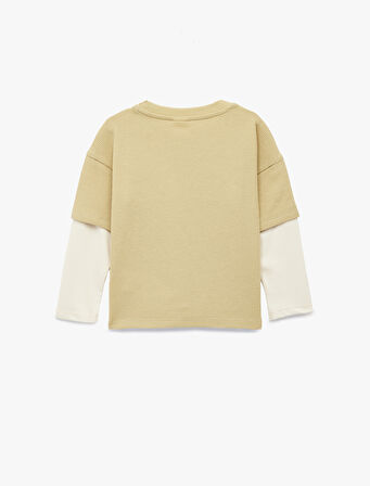 Nakış Detaylı Uzun Kollu Bisiklet Yaka Pamuklu Oversize Tişört