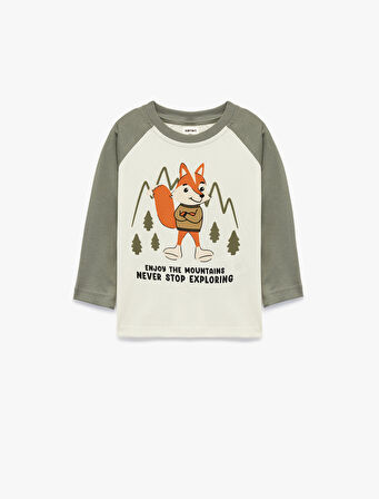 Uzun Kollu Bisiklet Yaka Baskılı Pamuklu Tişört