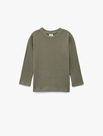 Pamuklu Uzun Kollu Bisiklet Yaka Dokulu Basic Tişört