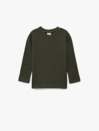 Pamuklu Uzun Kollu Bisiklet Yaka Dokulu Basic Tişört