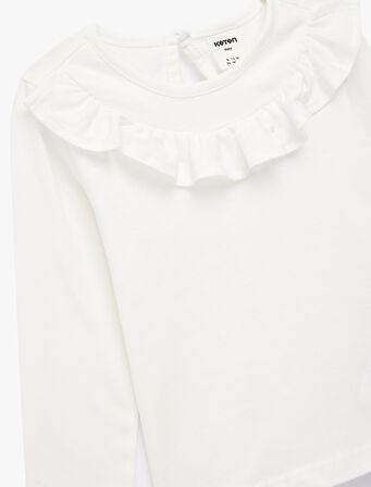 Bisiklet Yaka Uzun Kollu Fırfır Detaylı Pamuklu Tişört