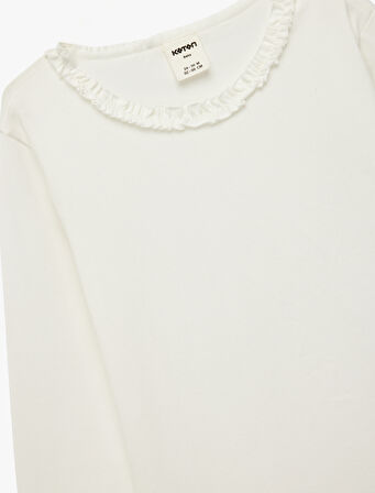 Fırfırlı Uzun Kollu Bisiklet Yaka Pamuklu Basic Tişört