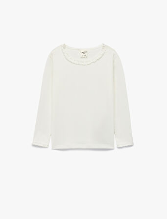 Fırfırlı Uzun Kollu Bisiklet Yaka Pamuklu Basic Tişört