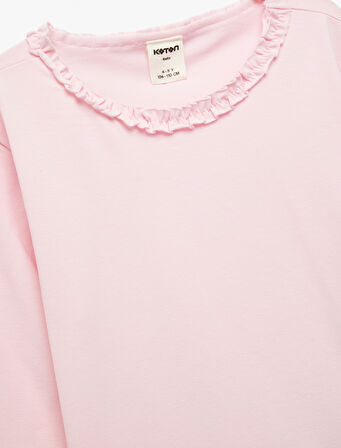 Fırfırlı Uzun Kollu Bisiklet Yaka Pamuklu Basic Tişört