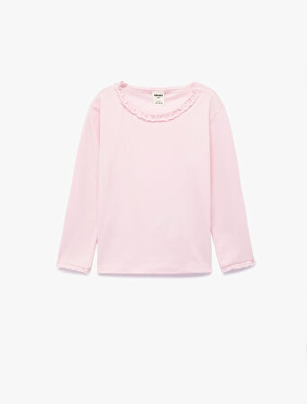 Fırfırlı Uzun Kollu Bisiklet Yaka Pamuklu Basic Tişört