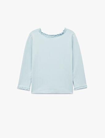 Fırfırlı Uzun Kollu Bisiklet Yaka Pamuklu Basic Tişört