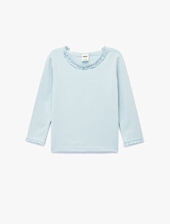 Fırfırlı Uzun Kollu Bisiklet Yaka Pamuklu Basic Tişört