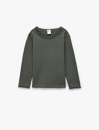 Fırfırlı Uzun Kollu Bisiklet Yaka Pamuklu Basic Tişört