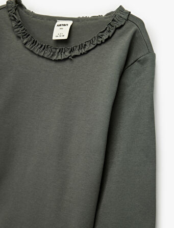 Fırfırlı Uzun Kollu Bisiklet Yaka Pamuklu Basic Tişört