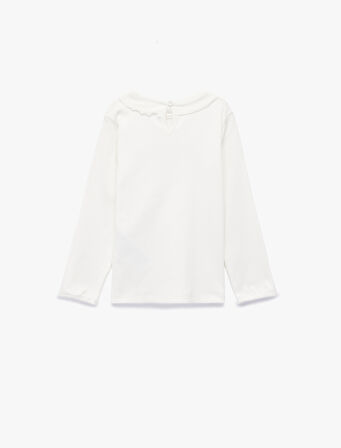 Pamuklu Fırfır Detaylı Uzun Kollu Bisiklet Yaka Tişört