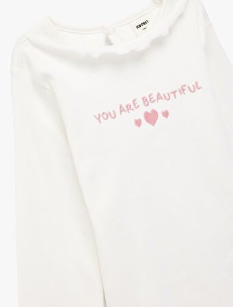 Pamuklu Fırfır Detaylı Uzun Kollu Bisiklet Yaka Tişört