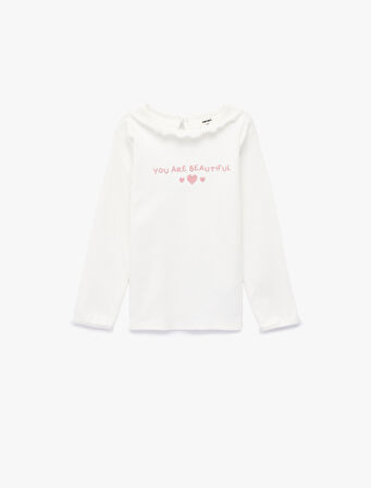 Pamuklu Fırfır Detaylı Uzun Kollu Bisiklet Yaka Tişört