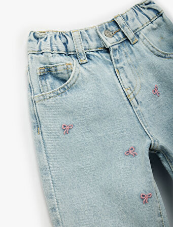 Pamuklu Fiyonk Nakış Detaylı Beli Lastikli Denim Pantolon