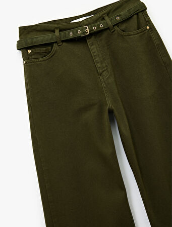 Cepli Pamuklu Kemer Detaylı Yüksek Bel Geniş Paça Pantolon - Wide Leg Jeans