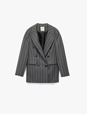 Viskon Karışımlı Düğmeli Cep Detaylı Kruvaze Yaka Çizgili Blazer Ceket