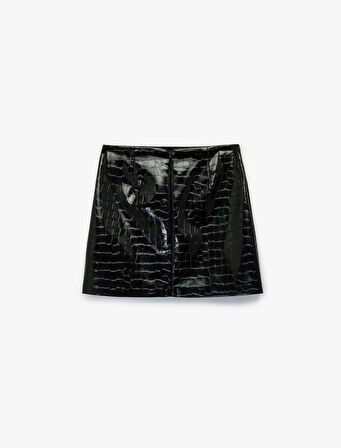 Kroko Görünümlü Suni Deri A Kesim Mini Etek
