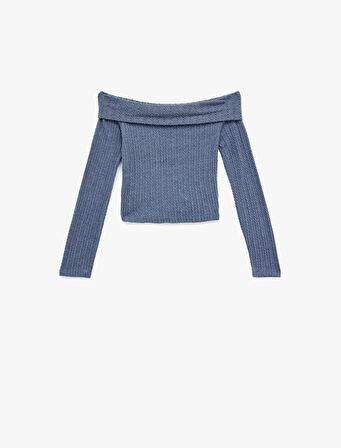 Slim Fit Uzun Kollu Saç Örgü Dokulu Omzu Açık Bluz