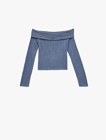 Slim Fit Uzun Kollu Saç Örgü Dokulu Omzu Açık Bluz