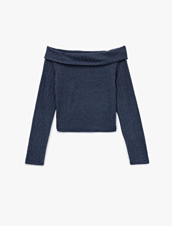 Slim Fit Uzun Kollu Saç Örgü Dokulu Omzu Açık Bluz