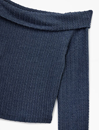 Slim Fit Uzun Kollu Saç Örgü Dokulu Omzu Açık Bluz