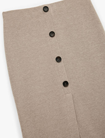 Slim Fit Düğmeli Yırtmaç Detaylı Midi Triko Kalem Etek