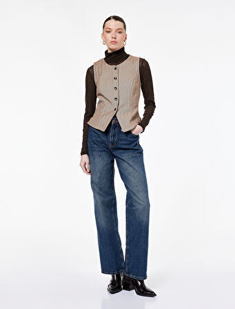 Slim Fit Bisiklet Yaka Düğmeli Desenli Yelek