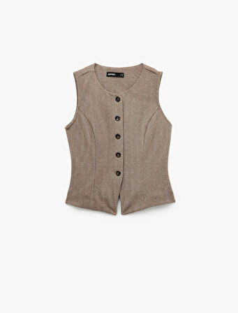 Slim Fit Bisiklet Yaka Düğmeli Desenli Yelek