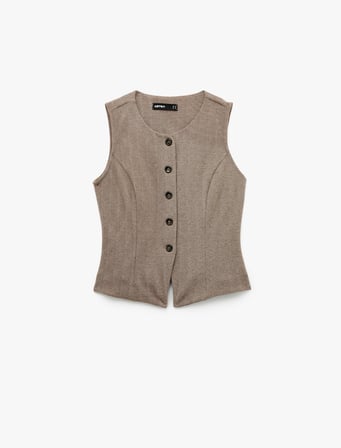 Slim Fit Bisiklet Yaka Düğmeli Desenli Yelek